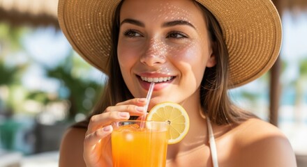Smiling woman enjoying a refreshing orange cocktail at a tropical beach resort