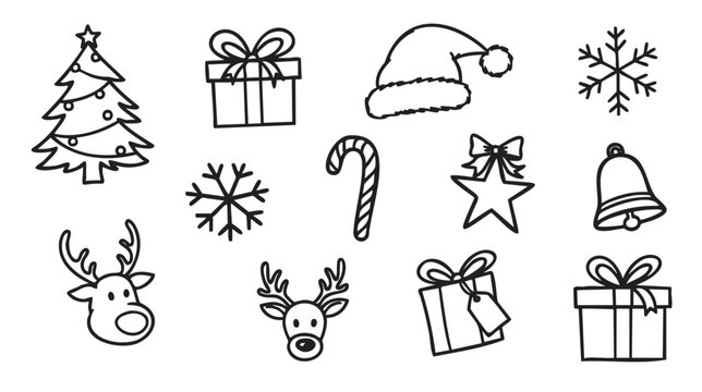 Black outline drawings of christmas symbols, including a tree, gifts, a santa hat, snowflakes, a candy cane, a bell, and deer faces.