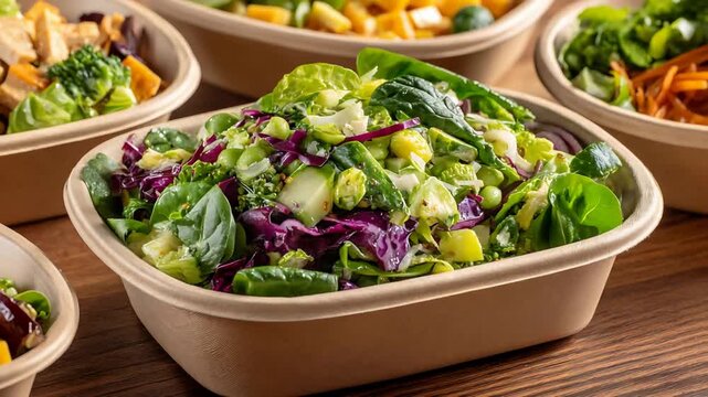 Healthy Fresh Green Salads in Eco Friendly Takeaway Containers on Wooden Table.