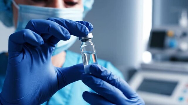 Close up of medical professional holding vaccine vial in laboratory setting.