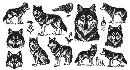 Obraz premium Black detailed sketches of wolves and a raven, various poses including standing, howling, and close-up face views with accompanying nature elements.
