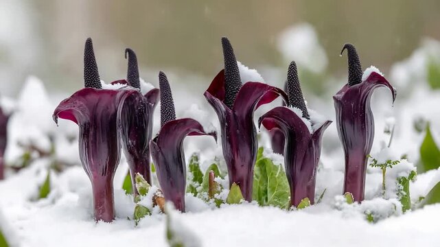 Striking Dark Purple Arum Lilies Emerge Through Fresh White Snow in Winter Garden.