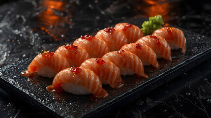 A minimalist salmon nigiri platter on black slate high-resolution photo