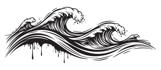 Fototapeta premium Stylized black and white line art depicting dynamic ocean waves with curling crests and splashing foam, creating a sense of movement and energy.