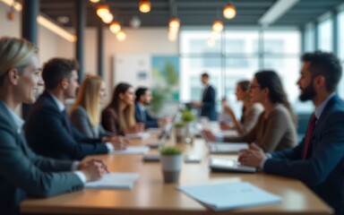 office scene captured with soft focus, highlighting hustle of modern workspace. blurred effect underscores energetic vibe where brainstorming and collaboration take place. High quality