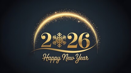 Golden glowing inscription 2026 happy new year with snowflake and sparkling lights on dark background, festive greeting card