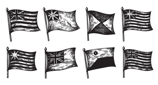 Black and white sketch of eight various nautical flags, each with unique designs on poles, depicted in a hand-drawn style.