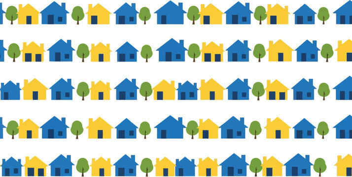 Simple colorful house street seamless border pattern vector illustration kids neighborhood background print.