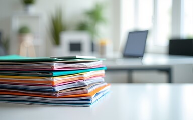 Stack of colorful paper folders organized on a white desk with a modern office environment in soft focus background for business organization concepts. High quality