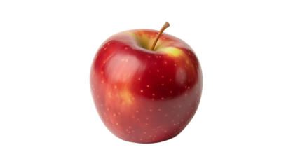 Transparent png of a single shiny red apple with a stem is set against a plain backdrop in a studio setting on transparent background