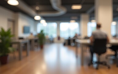Blurred innovative open coworking space with Scandinavian style and polished industrial design. Soft focus modern office environment with collaborative work areas. High quality
