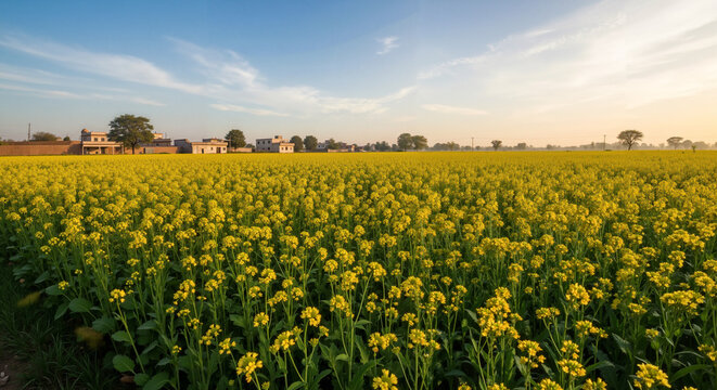 Bright yellow mustard flower field under blue sky at sunset. Mustard field Punjab. - Powered by Adobe