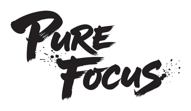 Bold and expressive black handwritten text "pure focus" with decorative splatters emphasizing artistic flair and creativity.
