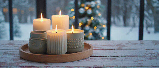 Candlelight Serenity: A cozy scene unfolds with lit candles, casting a warm glow, nestled on a wooden tray, creating an atmosphere of comfort and tranquility in a home setting.