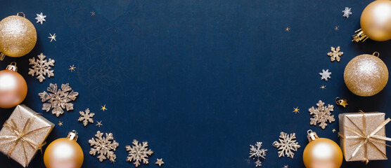 Festive Holiday Embellishments: Elegant Christmas ornaments, shimmering snowflakes, and neatly wrapped presents decorate a rich backdrop, setting a tone of festive cheer.