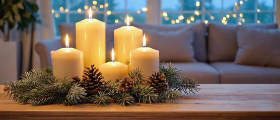 Illuminated Candles on Table:  A cozy and festive arrangement of glowing candles, creating a warm, inviting atmosphere, complemented by decorative pine cones and greenery on a wooden table.