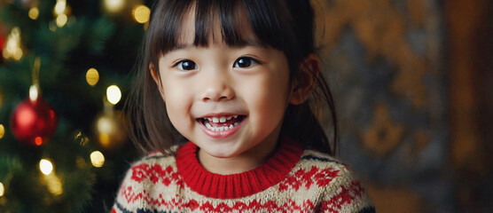Holiday Joy: A little girl with a radiant smile sits next to a festive Christmas tree, her eyes filled with wonder and delight. She is the embodiment of holiday happiness and cheer.