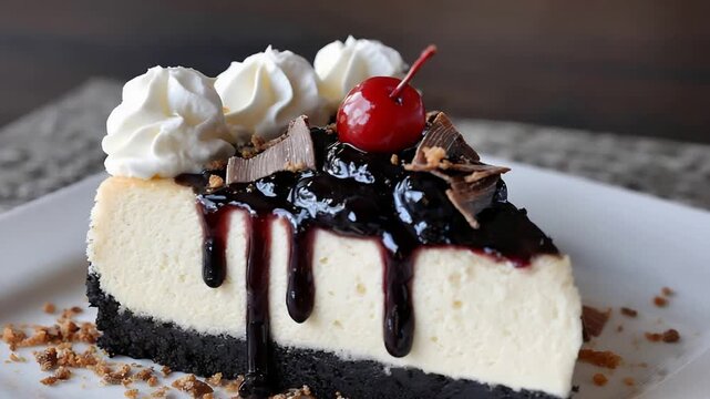Decadent Cherry Cheesecake Slice with Creamy Topping and Dark Chocolate Crumbs.
