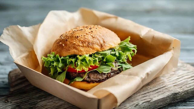 Appetizing Freshly Made Beef Burger with Crispy Lettuce and Red Tomato for Casual Dining.