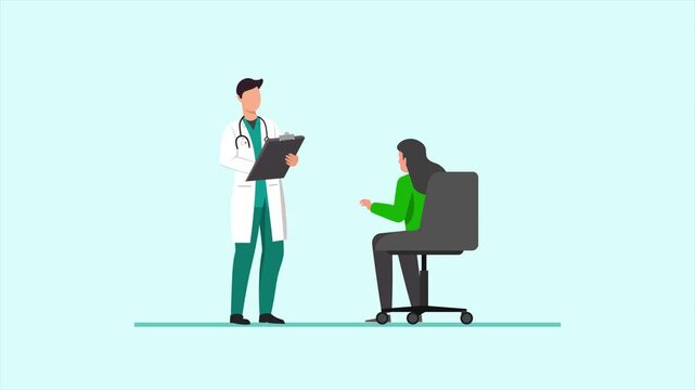 Animated video of goal doctor consulting patient. Doctor and Patient concept. Full length animated illustrations. High quality 4k footage