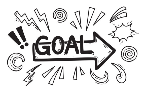 Black and white abstract doodle illustration featuring a large arrow with the word "goal" surrounded by dynamic lines and exclamation marks.