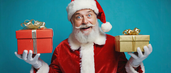 Santa Claus's Gift Presentation: A jolly individual, embodying the spirit of Christmas, presents two wrapped gifts, his rosy cheeks and twinkling eyes reflecting the joy of giving.