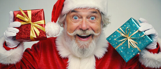 Santa's Joyful Gifts: Santa Claus beams with delight, presenting two beautifully wrapped gifts, embodying the spirit of generosity and the anticipation of Christmas. 
