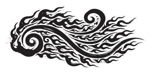 Fototapeta premium Intricate black and white tribal flame tattoo design with swirling patterns and curving elements, symbolizing movement and energy.