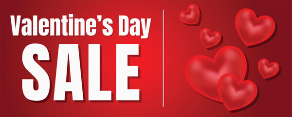 Valentine&rsquo;s Day big sale promotional banner. Elegant red background with 3D floating hearts and bold white text for marketing, promotion, and shopping