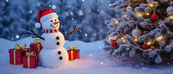 Festive winter: A cheerful snowman, adorned with a festive hat, stands proudly beside a beautifully decorated Christmas tree.