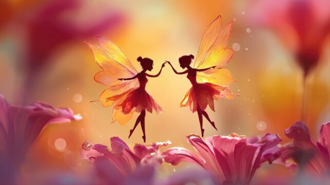 Fairy Tinkerbell Fairies Dancing on Flower Petals with Vibrant Butterfly Wings in Warm Sunset Light
