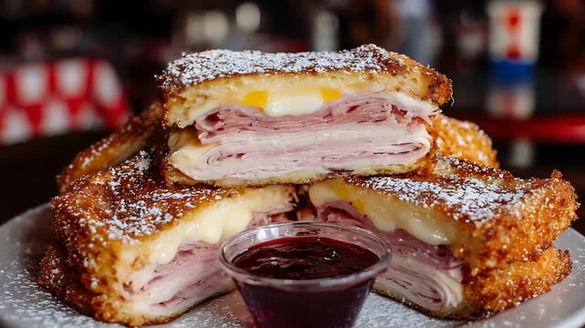 Delicious Deep Fried Monte Cristo Sandwich Covered in Powdered Sugar with Berry Jam.