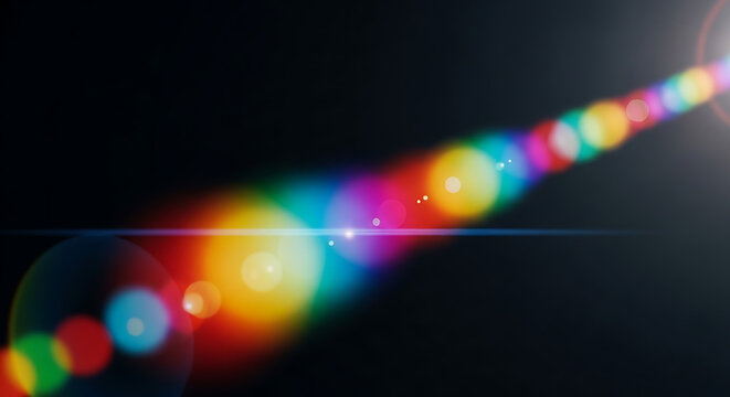 Abstract rainbow light streak with lens flare effect creating a vibrant and dynamic visual for modern designs and creative projects