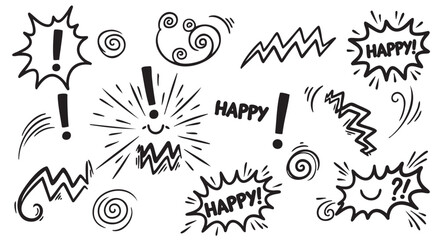 A collection of playful black and white doodles featuring exclamation marks, the word "happy," and various abstract swirl and zigzag shapes.