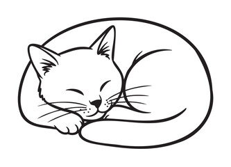Obraz premium Black outline drawing of a peaceful, sleeping cat curled up in a circle, showcasing minimal details for a simple and calming appearance.