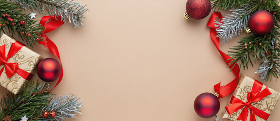 Festive Cheer: A warm holiday arrangement, featuring vibrant red ornaments and gift, nestled amongst lush pine boughs and elegant ribbons. Perfect for cards or invitations!