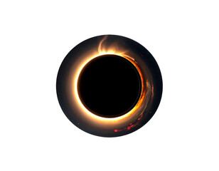 A black hole surrounded by a glowing, fiery accretion disk set against a deep black background
