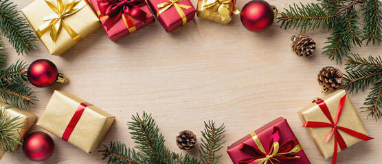 Festive Arrangement: A visually appealing composition of holiday-themed elements, gifts, ornaments, and greenery. Perfect for evoking the spirit of the season.