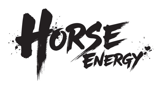 Stylized black brushstroke lettering of the words "horse energy" with splatter effects on a white background.