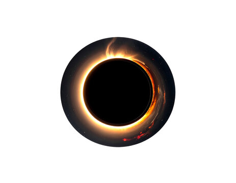 A black hole surrounded by a glowing, fiery accretion disk set against a deep black background