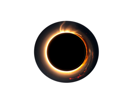 A black hole surrounded by a glowing, fiery accretion disk set against a deep black background
