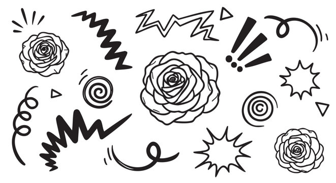 Black outline vector icon of abstract artistic elements including roses, zigzag lines, and spirals, arranged in a random pattern.