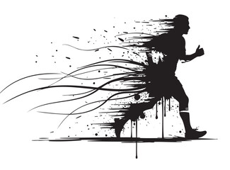 Fototapeta premium Silhouette of a running male figure blending into dynamic splatters and abstract lines, conveying motion and energy.