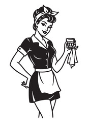 Retro black and white illustration of a female server in a vintage uniform holding a glass and towel, embodying 1950s diner style.