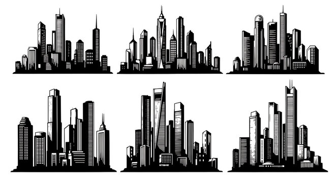 Collection of six distinct black ink silhouette city skylines isolated on white background