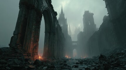 A dark and foreboding fantasy landscape with imposing gothic architecture shrouded in mist and mystery, evoking a sense of desolation