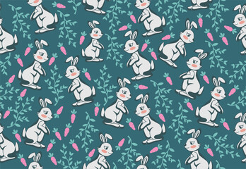 rabbit seamless pattern vector illustration pastel color with vintage style plant ornament in hand drawing