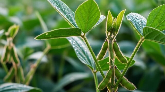 Macro shot of a young soybean plant with green pods and leaves covered in morning dew.