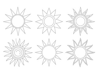 A striking collection of six hand-drawn sun illustrations with varying designs, perfect for artistic projects that require a touch of sunshine and creativity.