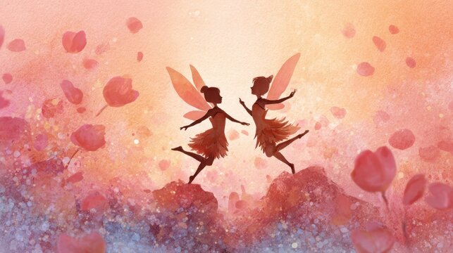 Fairy Tinkerbell Style Silhouettes Dancing in Enchanting Pink and Peach Garden Scene